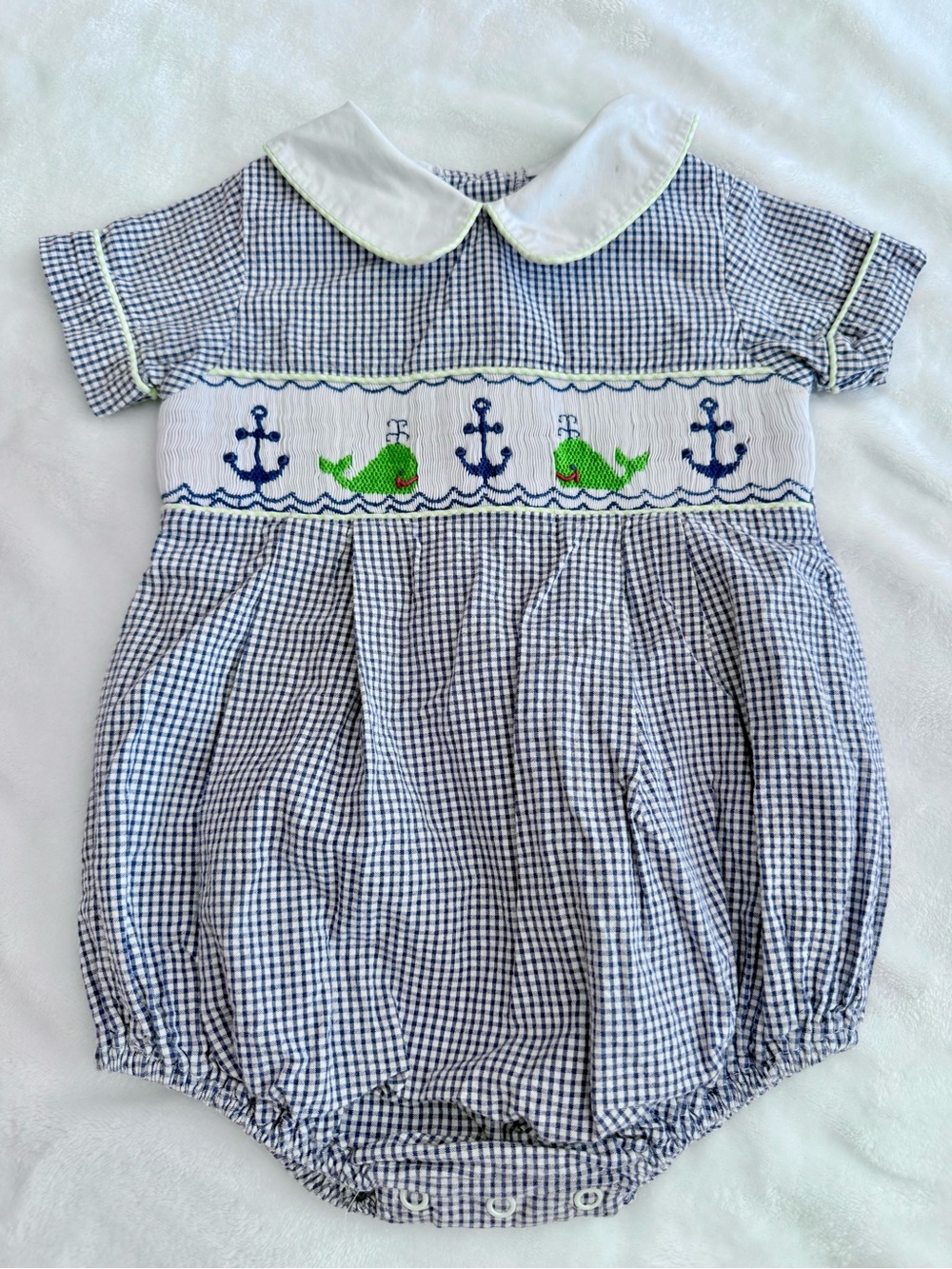Shrimp & Grits Navy Gingham Whale & Anchor Smocked Baby Bubble (size 18m)